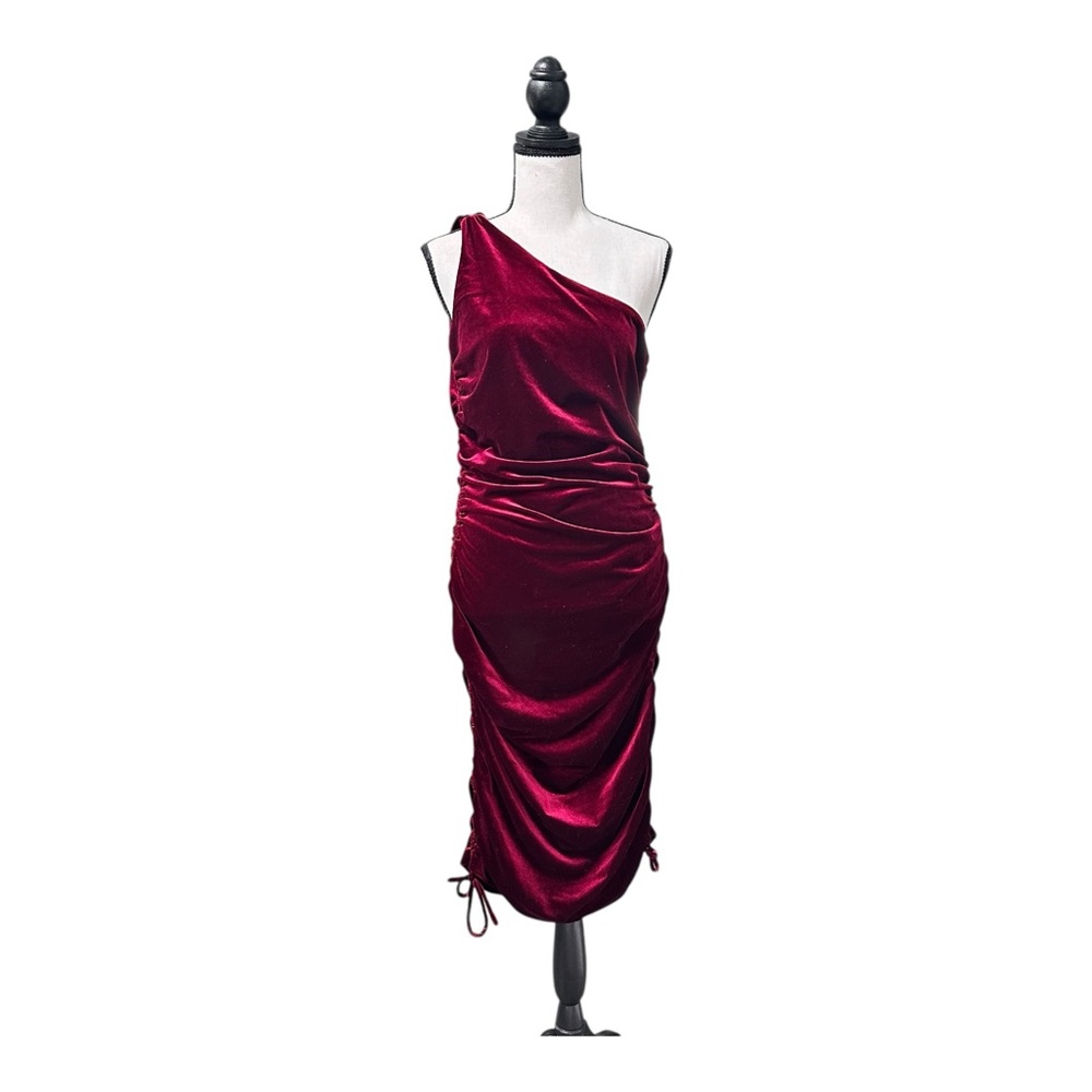 House of Harlow Red Velvet One Shoulder Ruched Midi Dress M